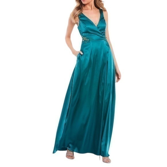 City Vibe-Formal V-Neck Crochet-Side Faux-Wrap Satin Long Dress - Picture 1 of 12